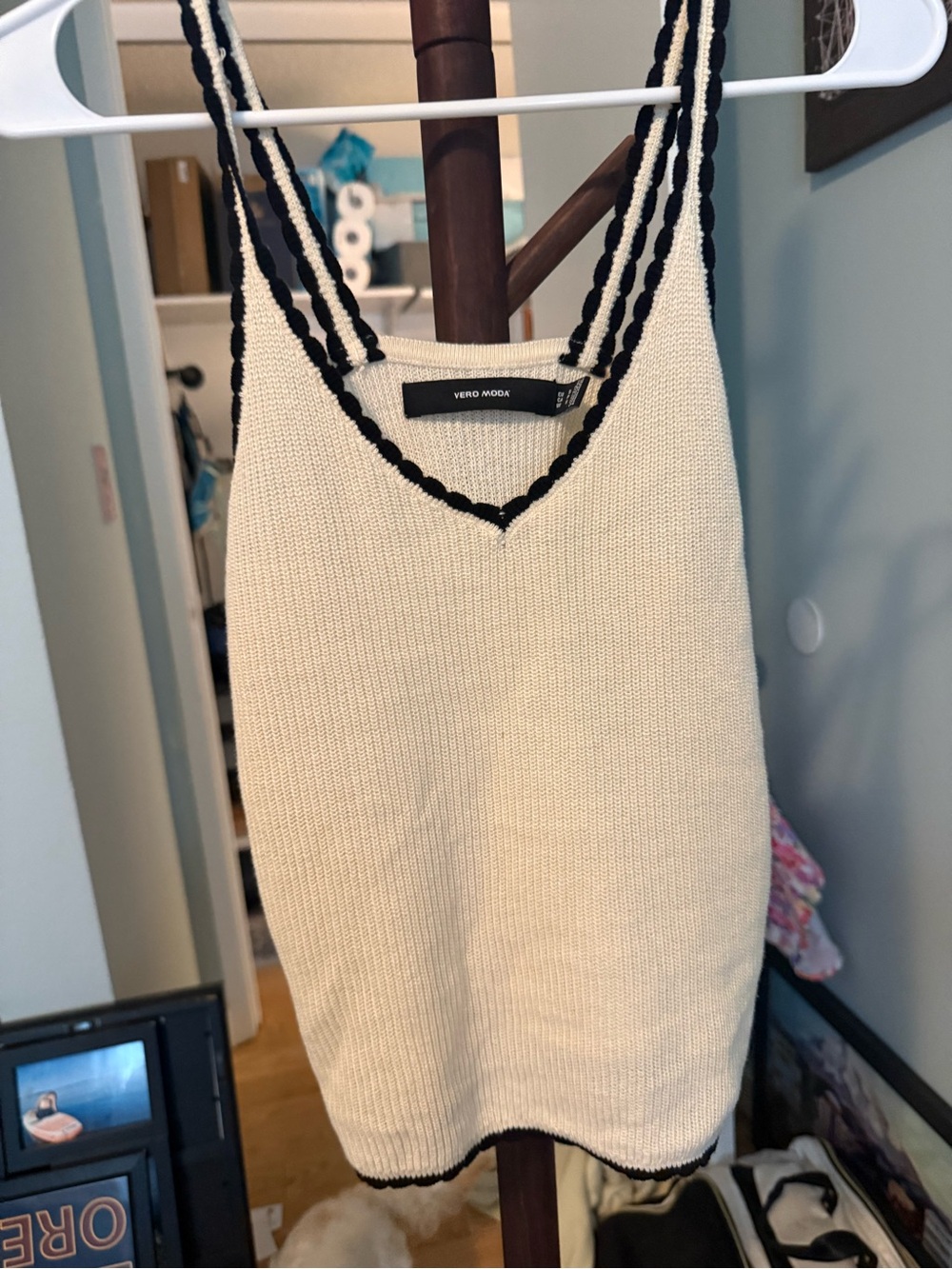 Vero Moda Cream Knit Tank with Black Braided Straps